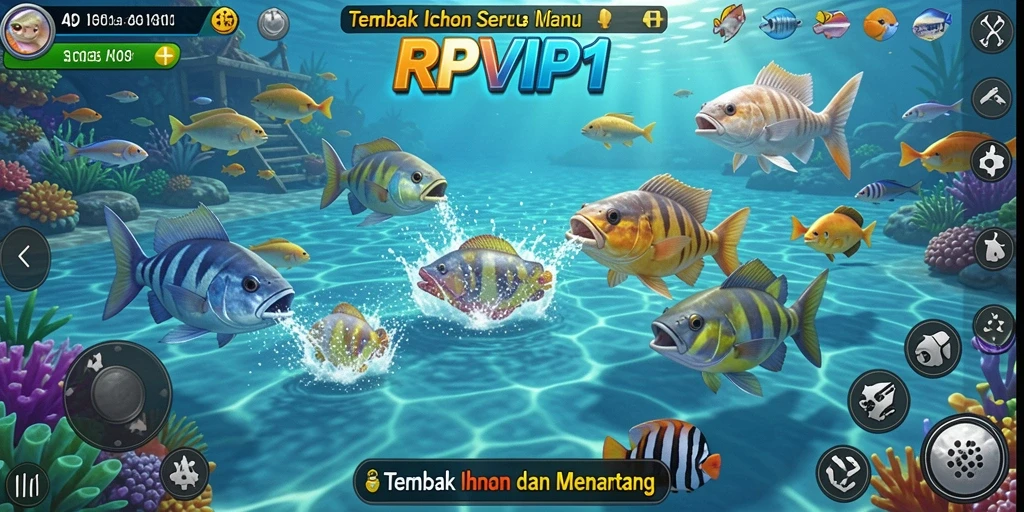 Gameplay RPVIP1 menampilkan aksi seru dalam berburu ikan.
